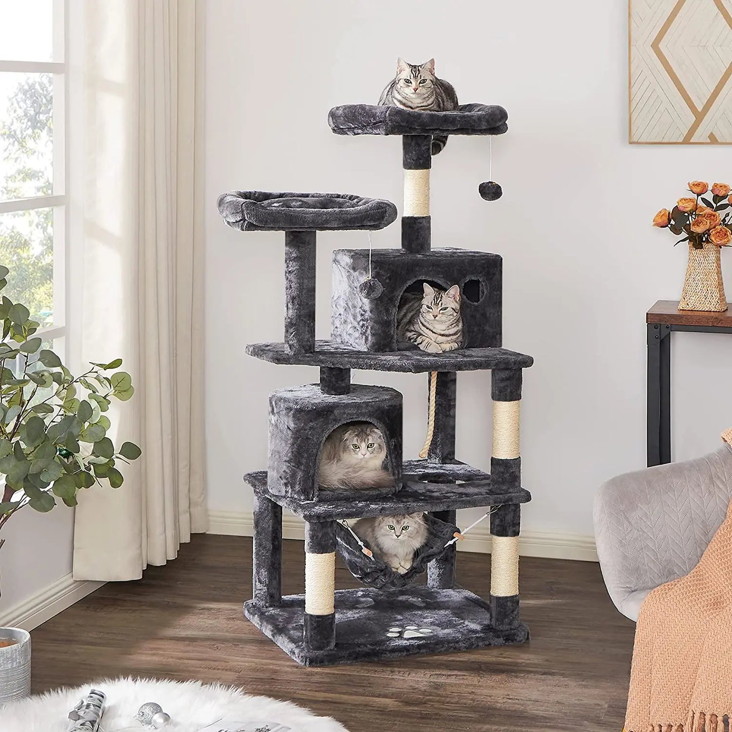 Large Cat Tree Tower With Sisal Hammock Fur and Paper Pet Play Toys for Big Cats Cat Condo