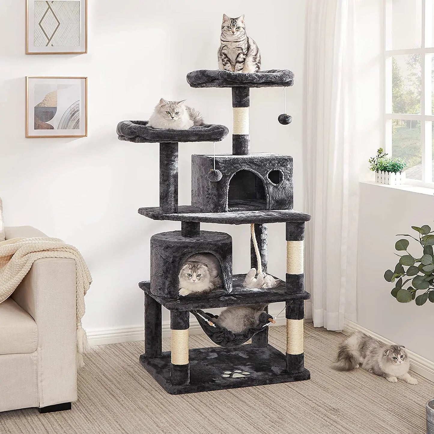Large Cat Tree Tower With Sisal Hammock Fur and Paper Pet Play Toys for Big Cats Cat Condo